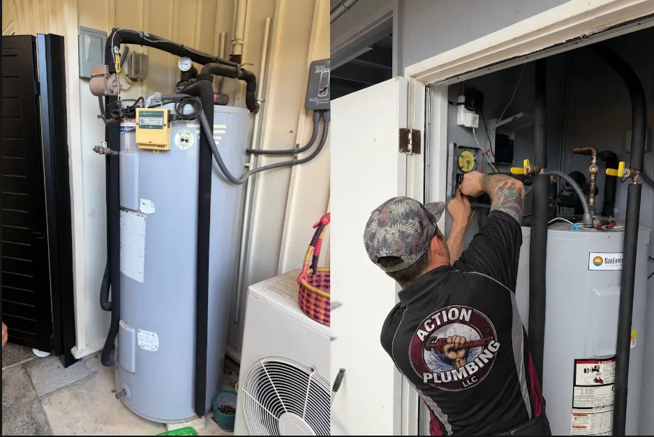 Technician installing tankless water heater in Oahu residence