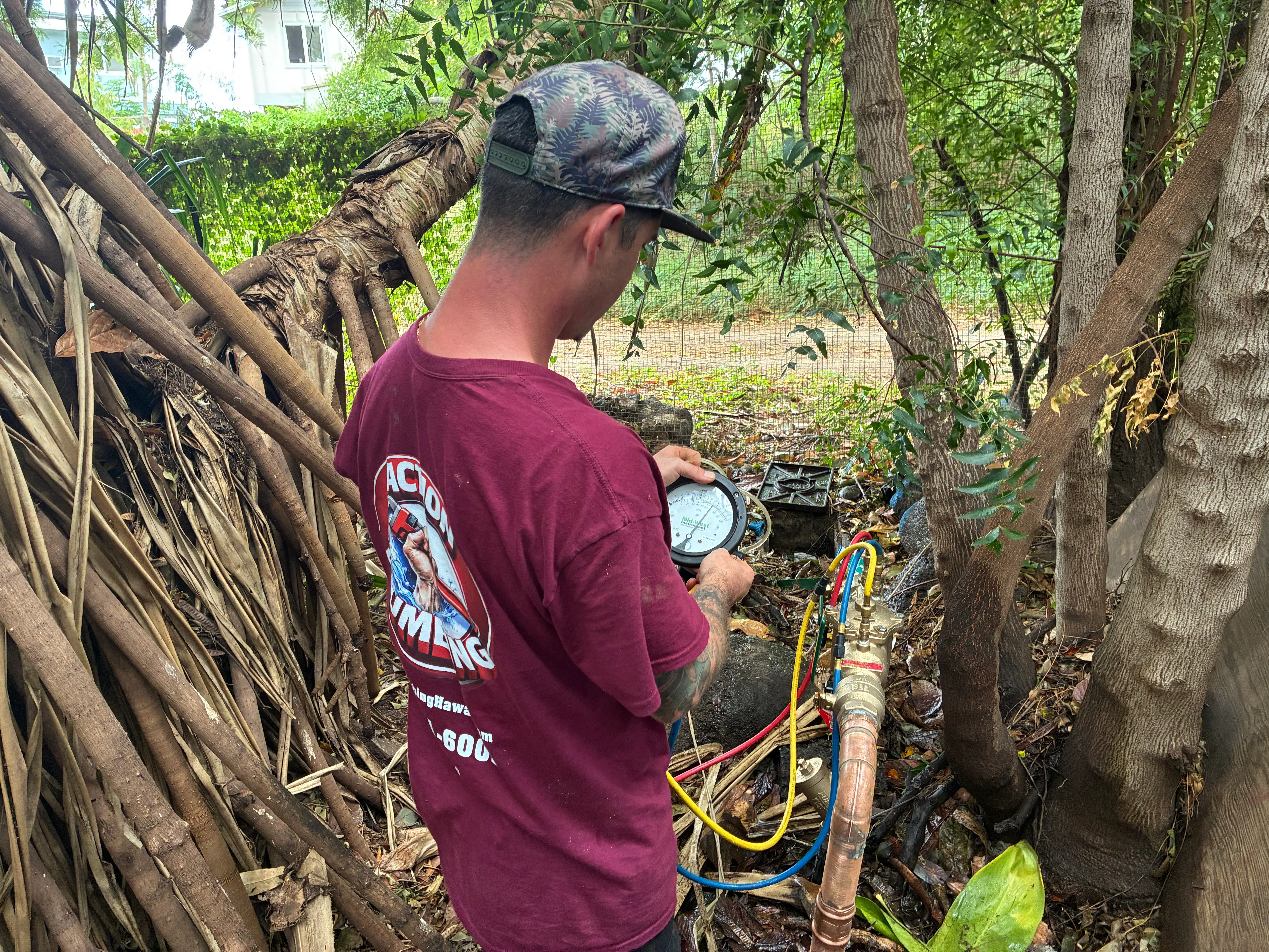 Plumber inspecting underground pipes with gauge meter among tree roots and vegetation
