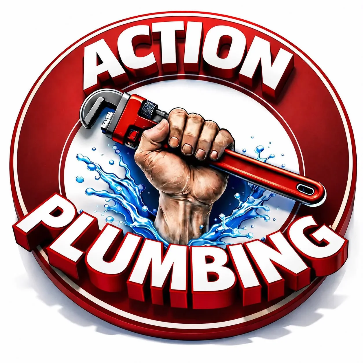 Red circular plumbing logo with fist holding pipe wrench and blue water splash effects