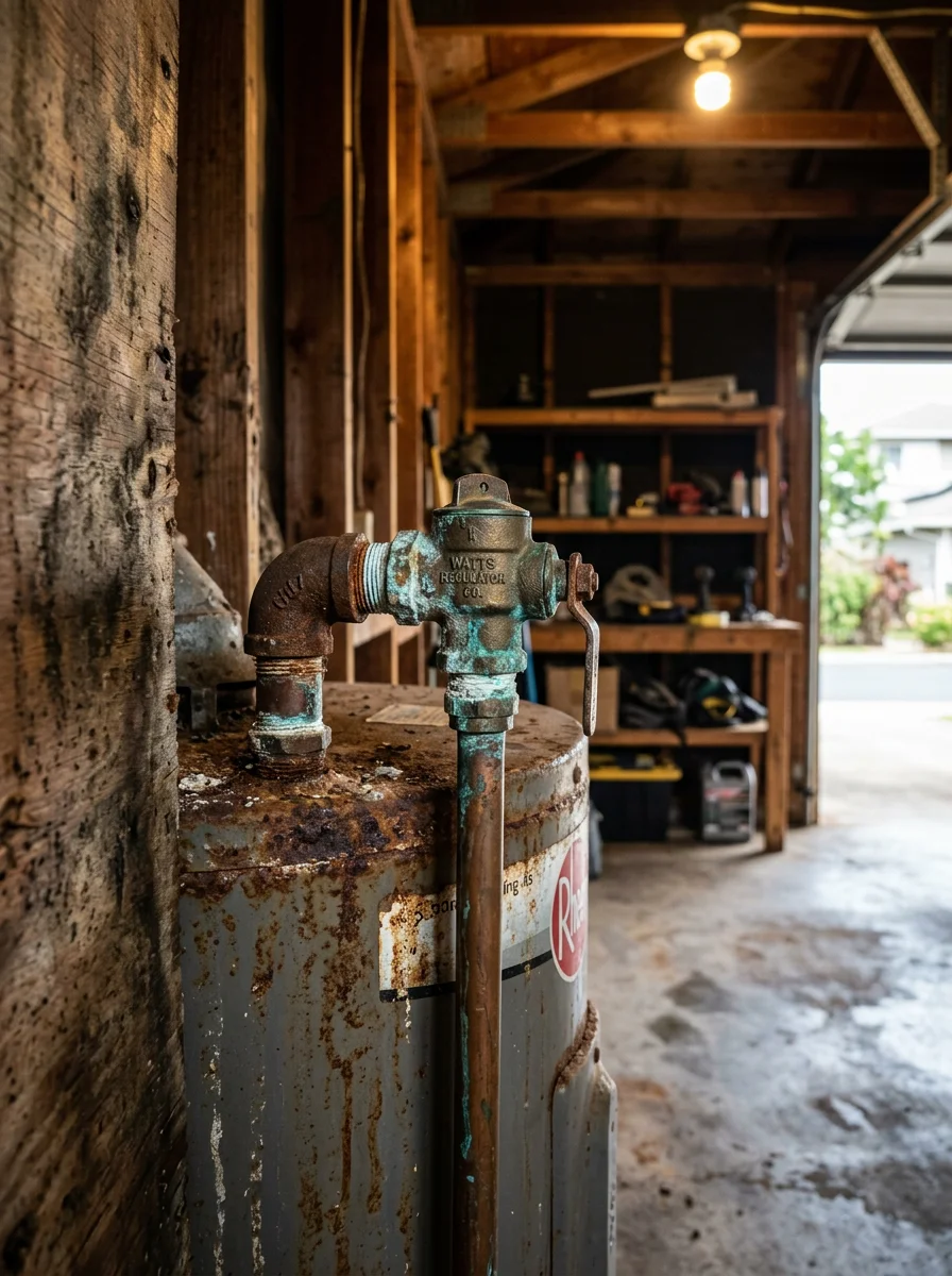 A corroded water heater pressure relief valve and tank connection in a garage of a coastal Ewa Beach home, showing salt air damage on the metal fittings.