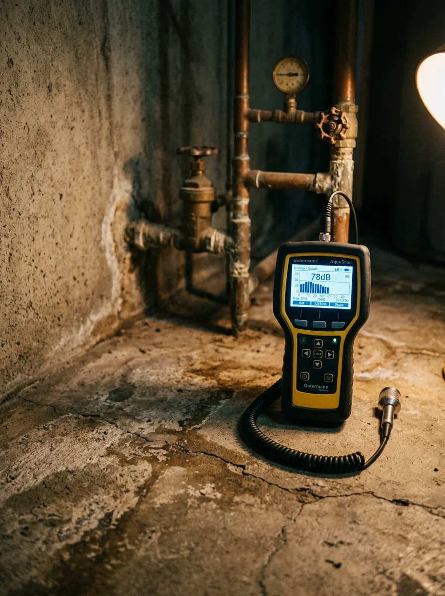 A plumber using acoustic leak detection equipment against a concrete slab floor in a mid-century Manoa, Honolulu home, with detection readout visible on the handheld device.