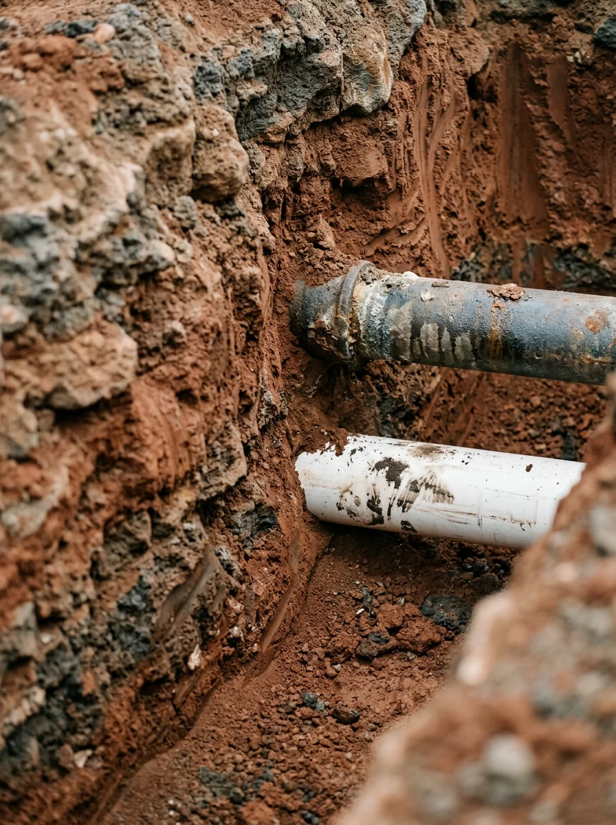 Volcanic rock and tropical soil surrounding underground water and sewer pipes in Hawaii
