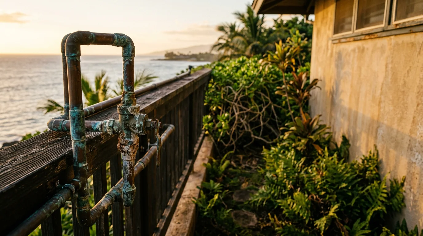 Coastal Hawaiian home with ocean view, showing exposed plumbing fixtures affected by salt air corrosion