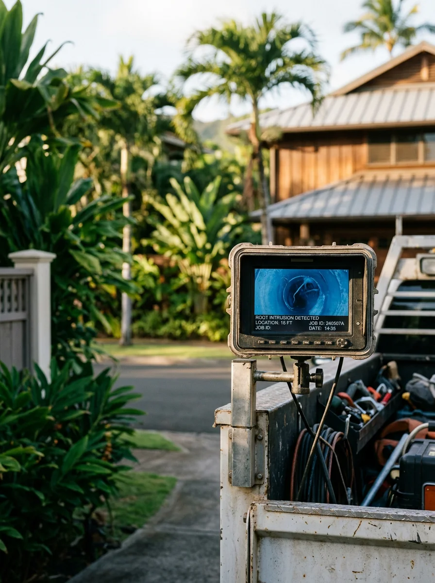 Camera inspection footage display showing root intrusion inside a cast iron drain line beneath a mature-landscaped yard in a Kailua, Hawaii residential neighborhood.