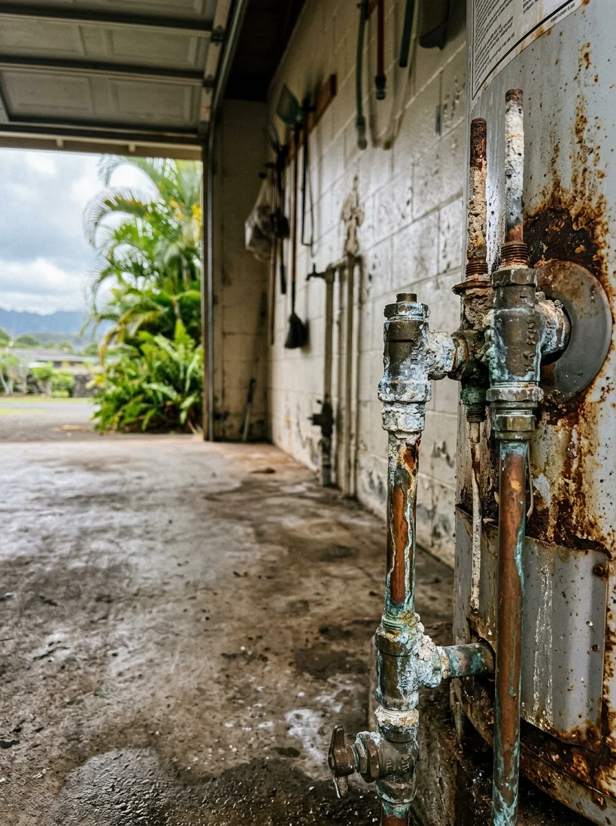 Corroded water heater fittings and anode rod connections in the open garage of a windward Oahu home in Kaneohe, HI, showing salt air damage on exposed metal components.