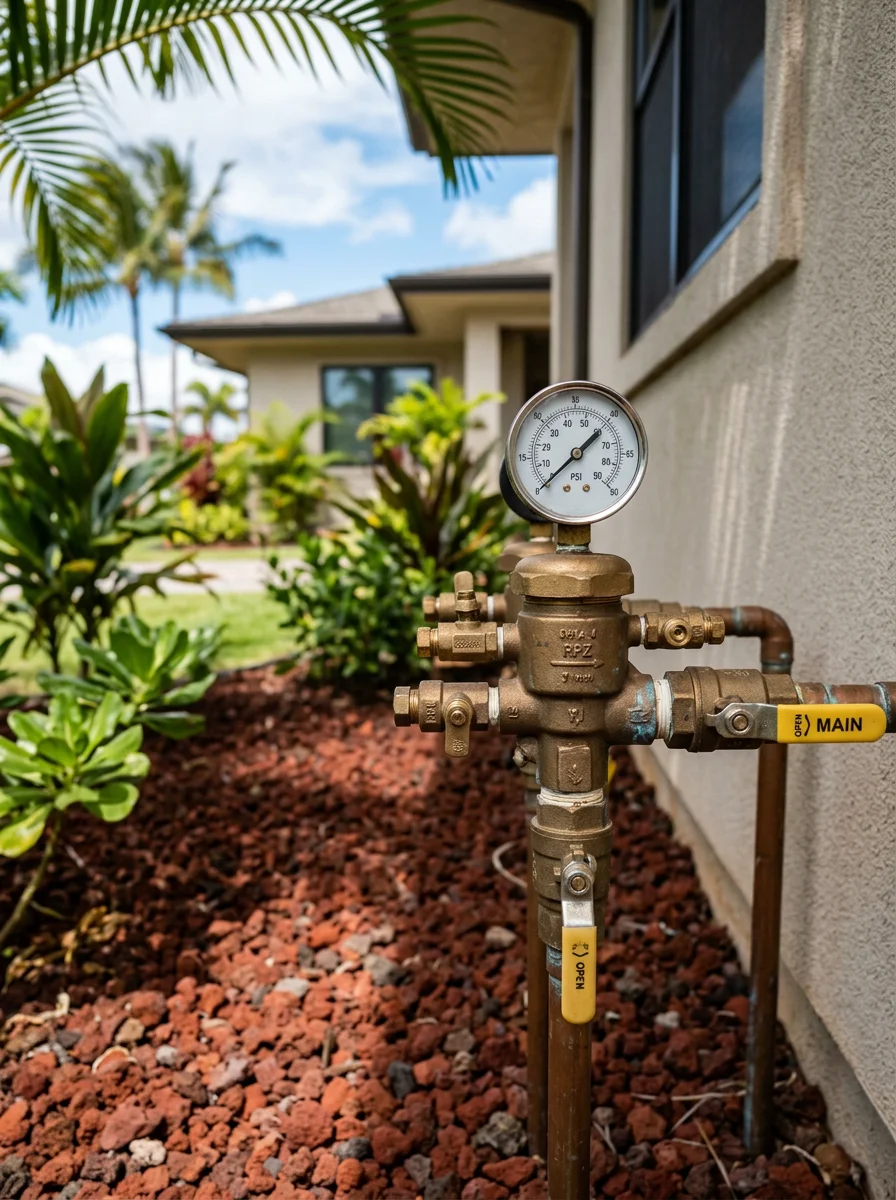 Close-up of a plumber testing a backflow prevention device on an irrigation line outside a master-planned community home in Kapolei, HI.