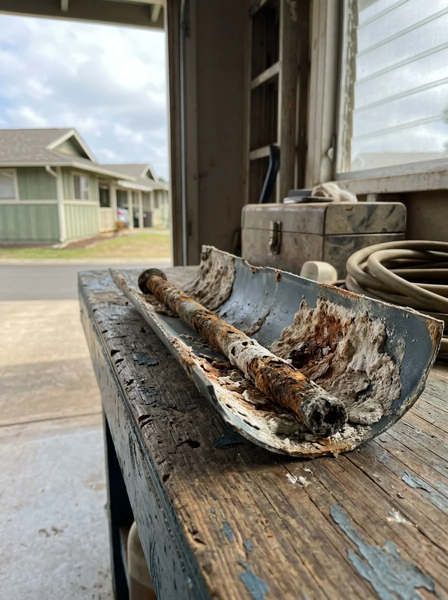 Sediment buildup visible inside a removed water heater tank from a 1970s Mililani Town, Hawaii home, with the corroded anode rod laid alongside for comparison.