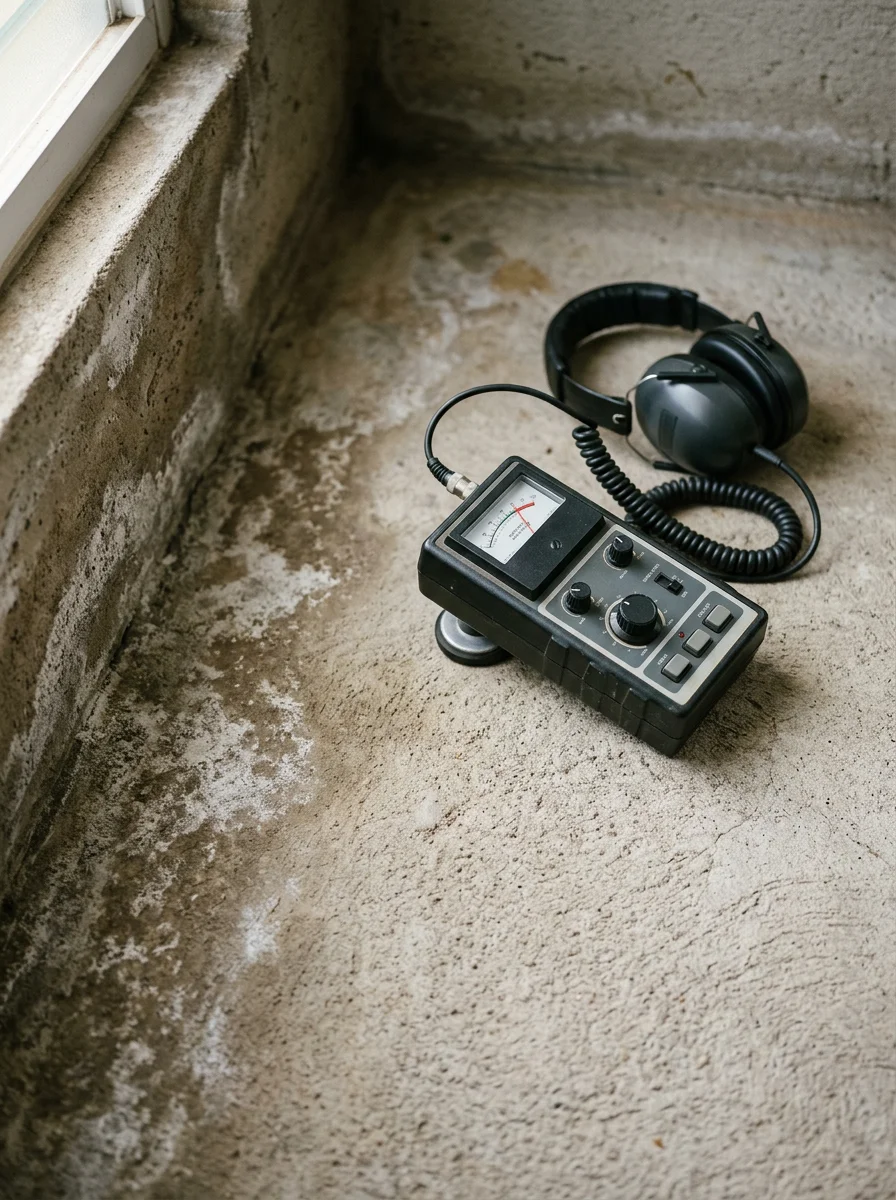 Acoustic leak detection equipment pressed against a concrete slab floor in a Pearl City, Hawaii home, with a plumber listening for the sound of a pressurized water leak below.