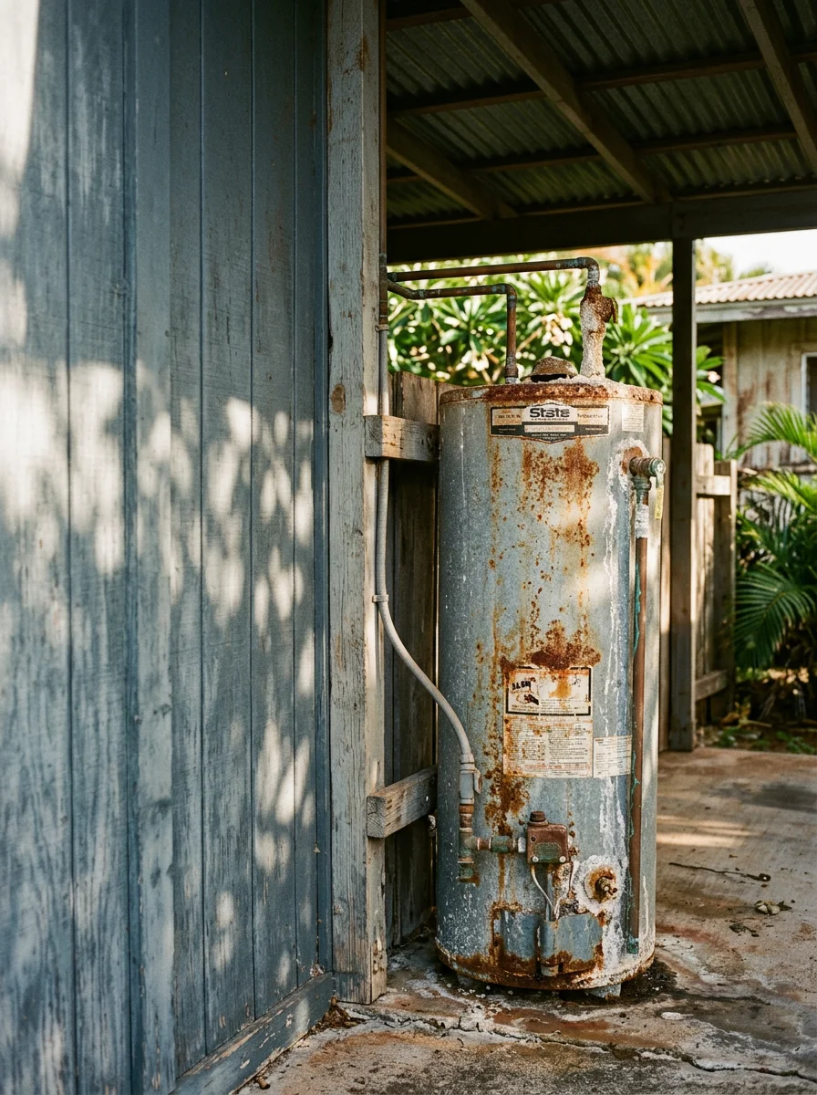 A salt-corroded water heater tank and pressure relief valve in an open carport of a Waianae, Hawaii home, showing rust and mineral deposits on the exposed metal fittings.