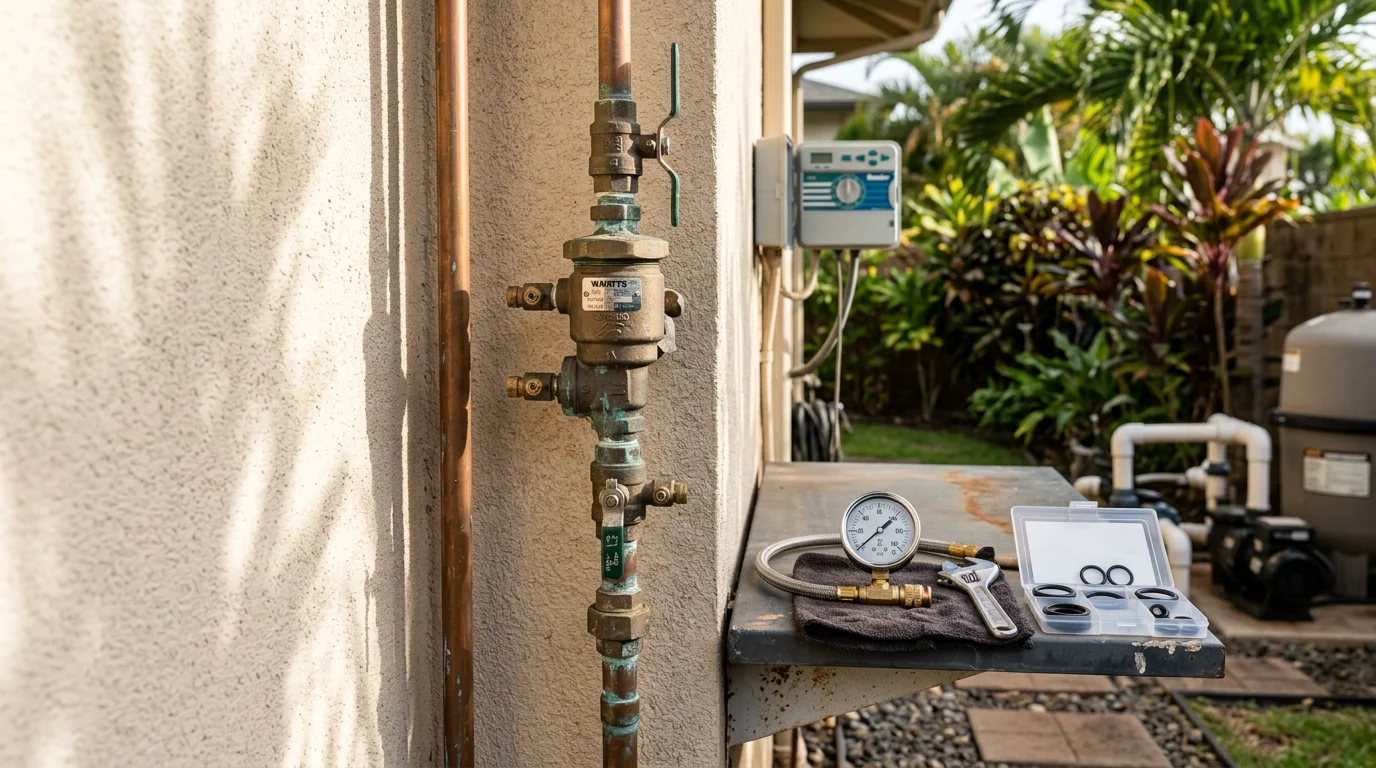 A plumber inspecting and repairing a backflow prevention assembly mounted on an exterior water service line at a residential property in Kapolei, Hawaii. The device shows visible pipe connections and shutoff valves typical of Oahu irrigation system setups.