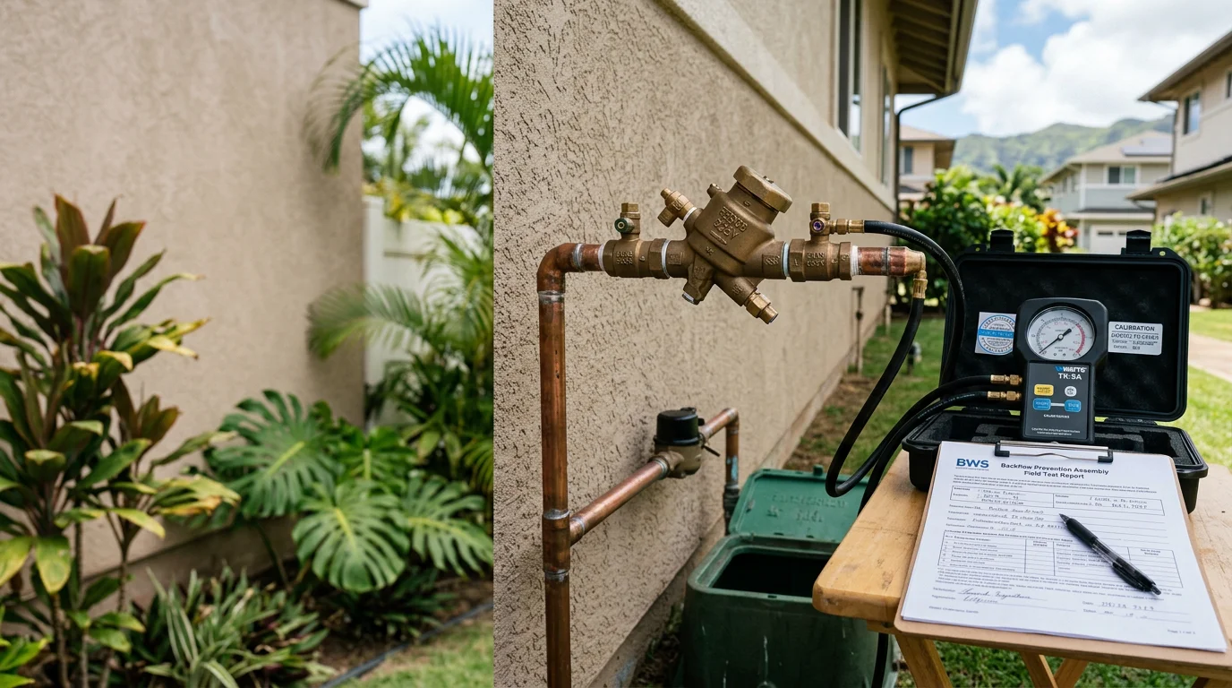 A plumber testing a backflow prevention assembly installed near a water meter on a residential property in Kapolei, Oahu. The technician uses a differential pressure gauge kit to verify the device is functioning correctly.