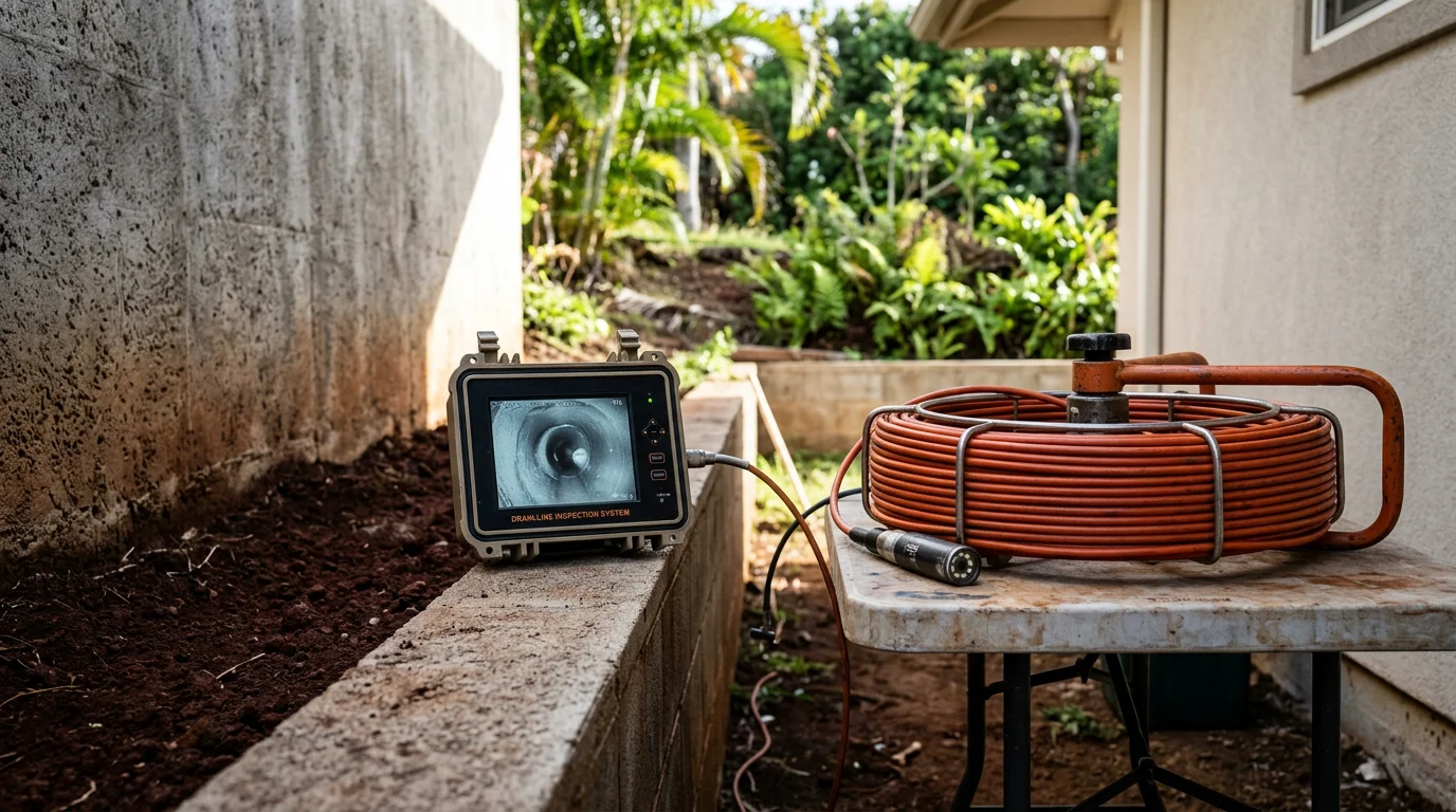 A plumber feeds a flexible camera cable into a sewer cleanout at a residential property in Kapolei, Hawaii. The monitor beside him displays a live view of the interior pipe wall showing early-stage root intrusion.