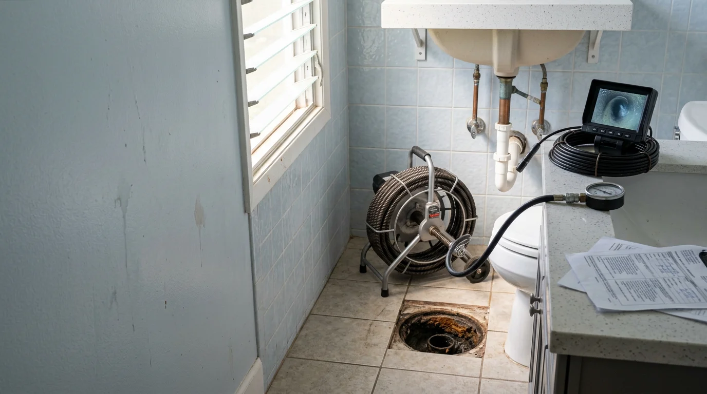 A plumber clearing a blocked kitchen drain in a residential home in Kapolei, Hawaii. The drain line runs beneath a slab foundation typical of Oahu homes in the 96707 area.