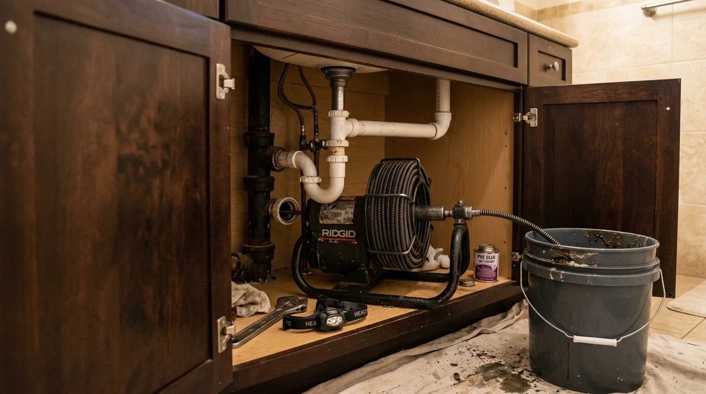 A plumber from Action Plumbing clearing a blocked kitchen drain in a Kapolei home, with drain cleaning equipment visible on the countertop. The sink drain is open and water is flowing freely after the service.