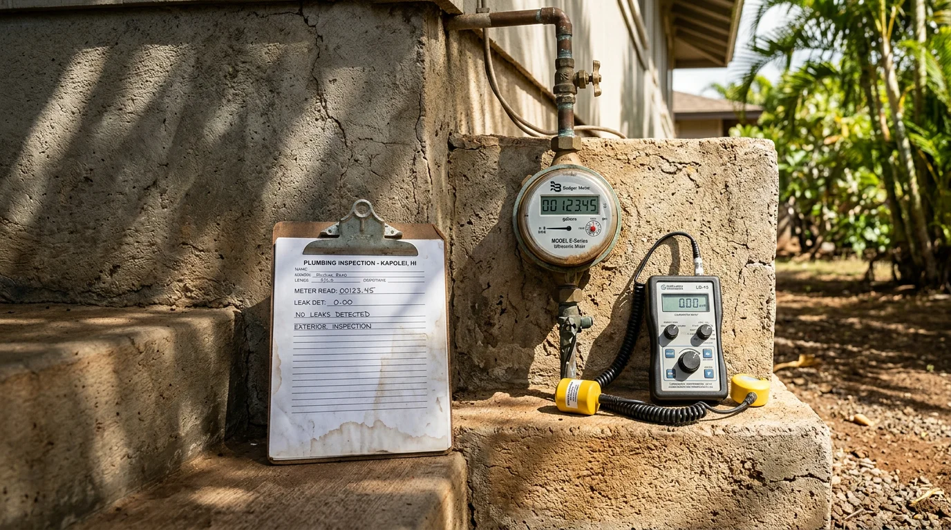 A plumber inspecting a water meter and supply line connections outside a slab-foundation home in Kapolei, Hawaii. The technician checks for signs of hidden leaks as part of a high water bill diagnosis.