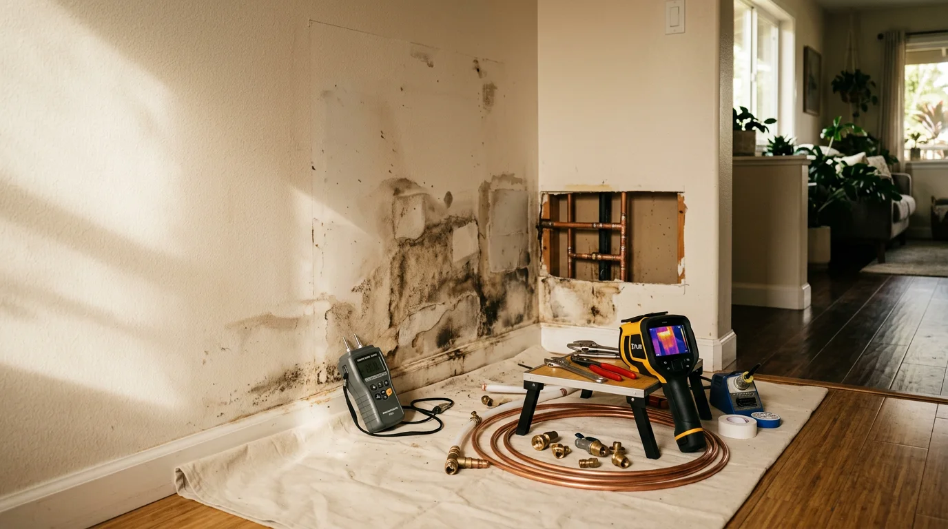 A plumber inspecting a water supply line beneath the floor of a single-family home in Kapolei, Hawaii, checking for signs of a hidden leak. Close-up view showing pipe connections and surrounding building materials in an Oahu residential setting.