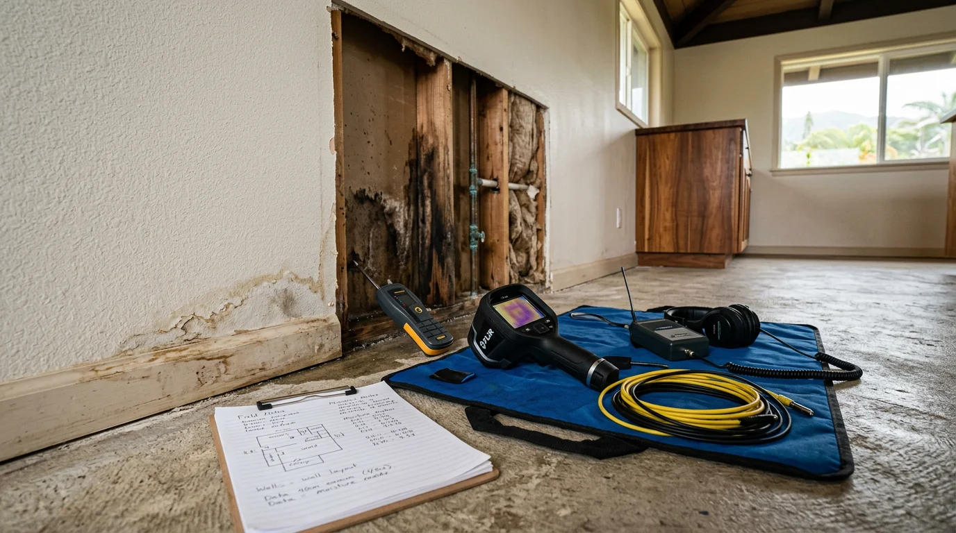 A plumber from Action Plumbing inspecting pipes beneath a slab foundation in a Kapolei home. The technician uses detection equipment to locate a hidden water leak without breaking the concrete floor.
