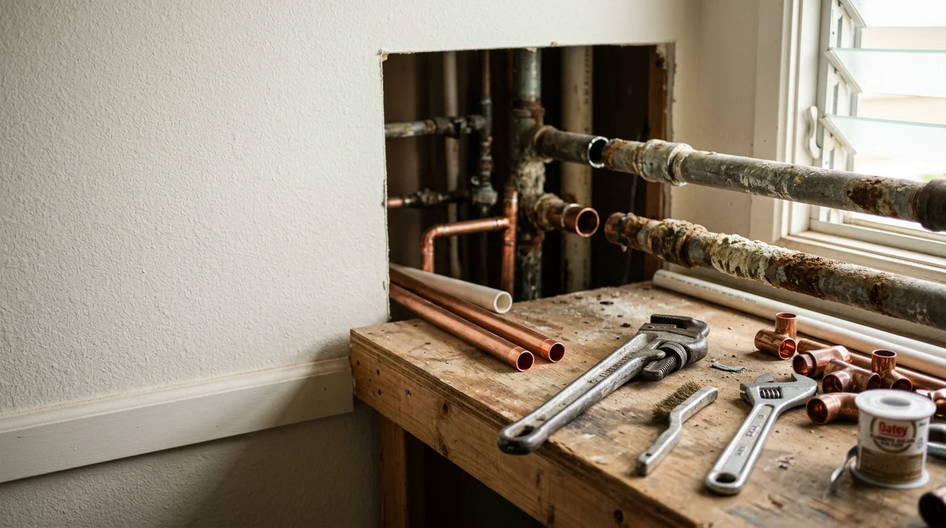 A plumber replacing a corroded water supply pipe beneath a kitchen sink in an Oahu home. Exposed pipe sections show rust and mineral buildup typical of older Hawaii residential plumbing.