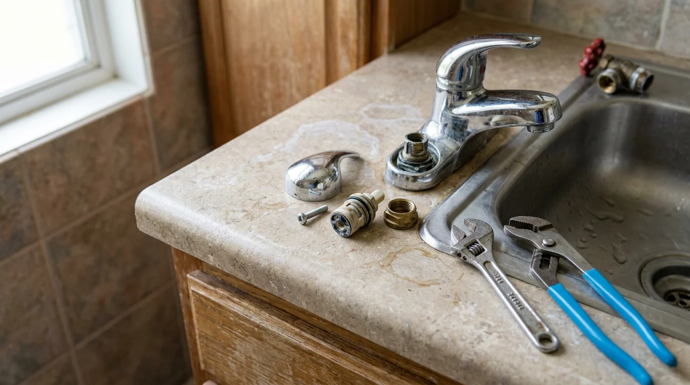 A plumber replacing a corroded bathroom faucet in a Kapolei, Oahu home, with new supply lines and shutoff valves visible under the sink. The finished fixture sits cleanly installed on a residential bathroom vanity.
