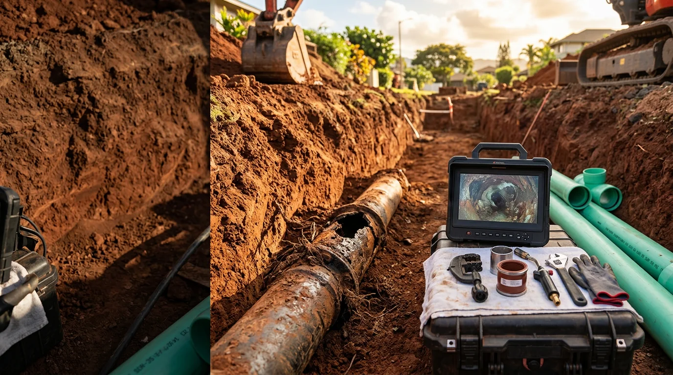A plumber performing a sewer line camera inspection on a residential property in Kapolei, Hawaii, with the inspection monitor showing the interior condition of the underground pipe. The surrounding yard reflects typical Oahu tropical landscaping with dense ground cover near the sewer access point.