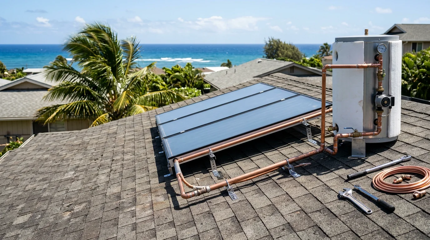 A solar hot water collector mounted on the roof of a single-family home in Kapolei, Hawaii, with blue sky overhead and plumbing lines running from the panel into the home. A plumber from Action Plumbing checks the pipe connections at the rooftop collector during a service visit on Oahu.