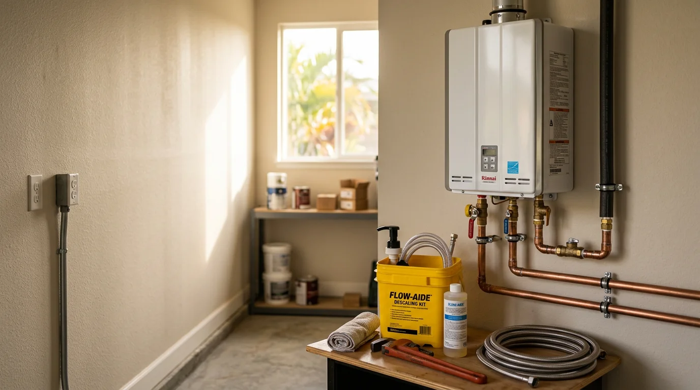 A tankless water heater mounted on an interior wall in a Kapolei, Oahu home, with copper water lines and a gas connection visible. A plumber from Action Plumbing inspects the unit connections during a service visit.