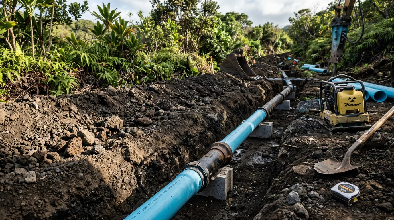 A plumber in Kapolei, Hawaii inspecting a newly rerouted underground sewer line trench alongside a residential property. Fresh pipe runs along a cleared path away from a tree root zone near a slab foundation.