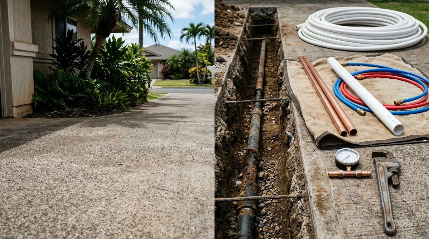 A plumber replacing corroded water supply pipes inside a Kapolei home on Oahu. New pipe runs are visible along the wall with old galvanized pipe removed and set aside.