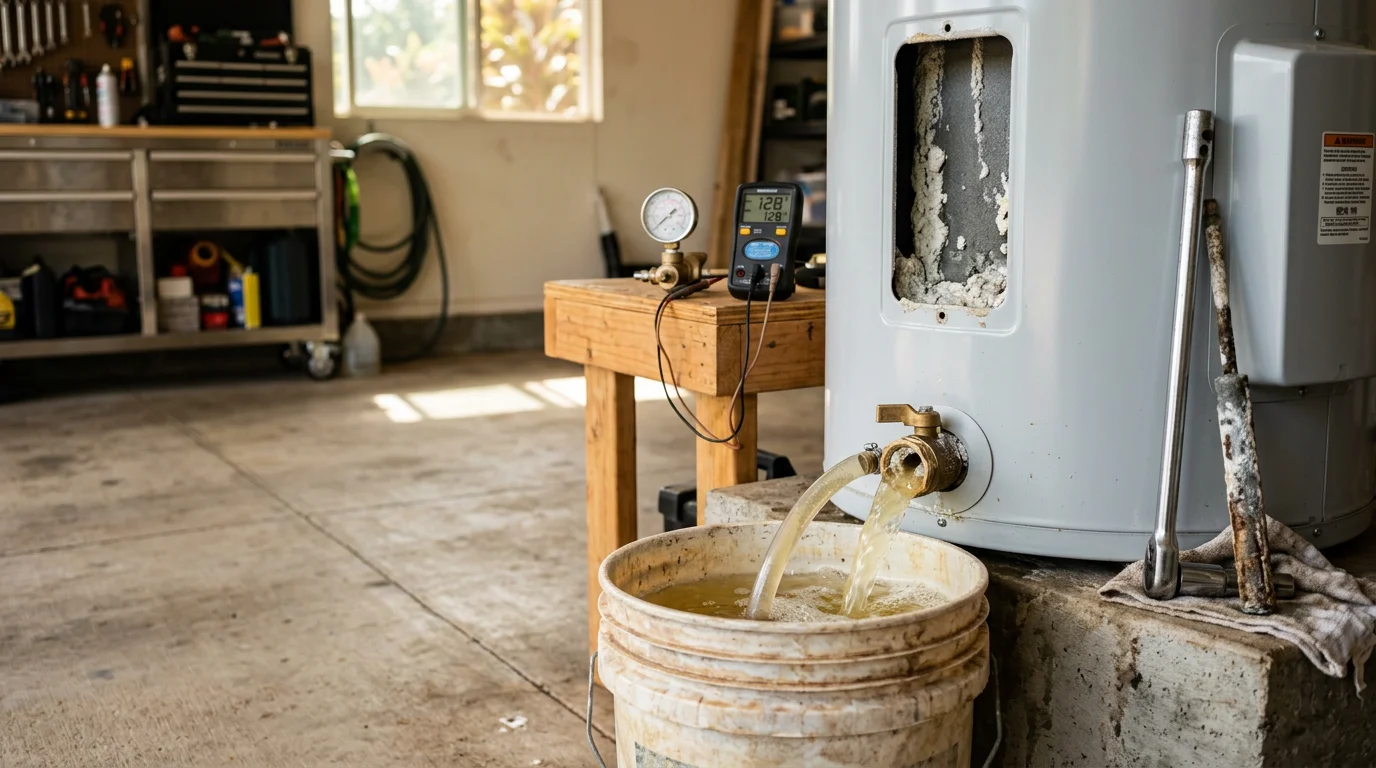A plumber flushing sediment from a residential tank water heater during a maintenance visit in a Kapolei, Hawaii home. Mineral deposits visible in the drain line reflect Oahu's hard water conditions.