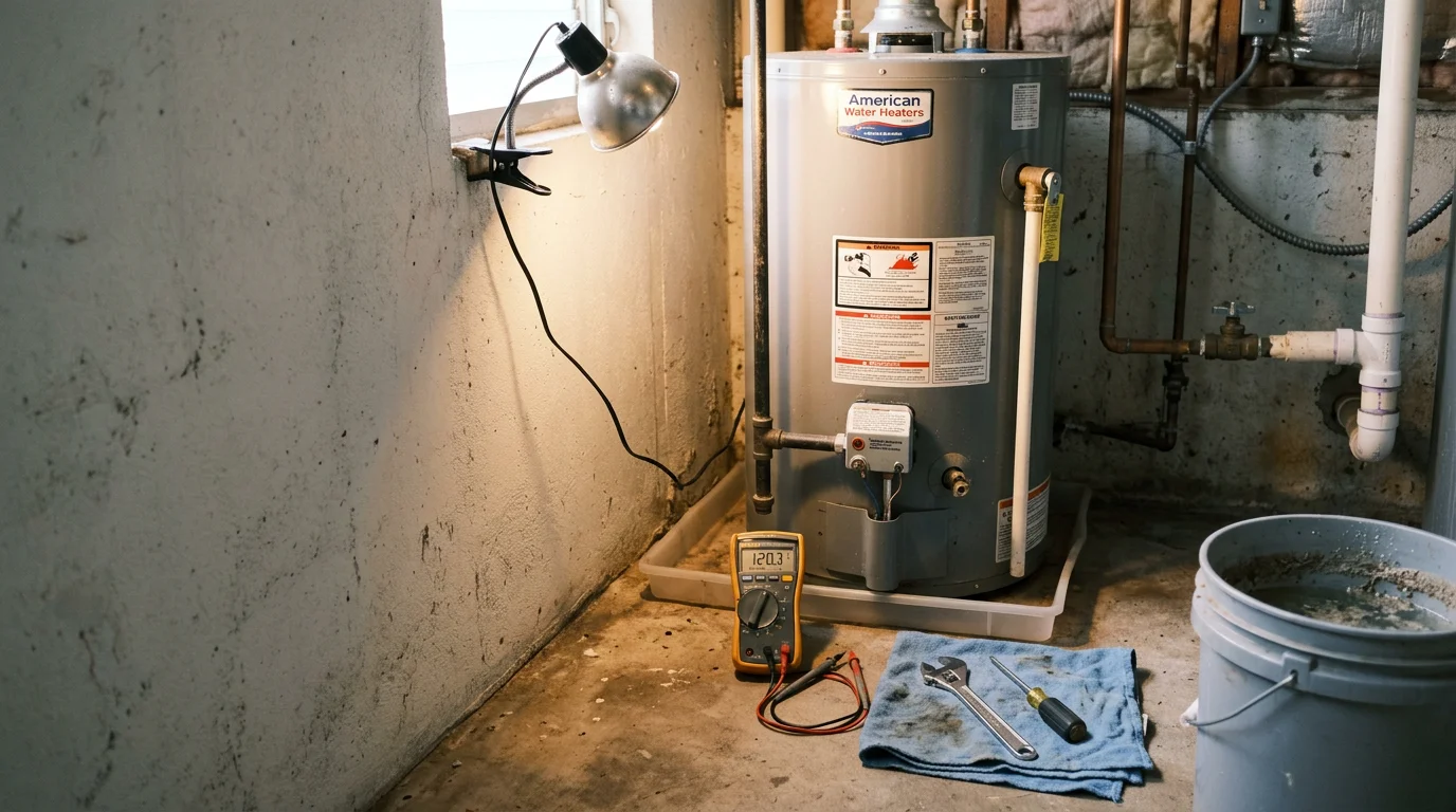 A plumber inspecting a residential water heater tank in a Kapolei home utility closet, checking connections and the pressure relief valve. Mineral sediment residue is visible around the base of the unit, a common condition in Oahu homes.