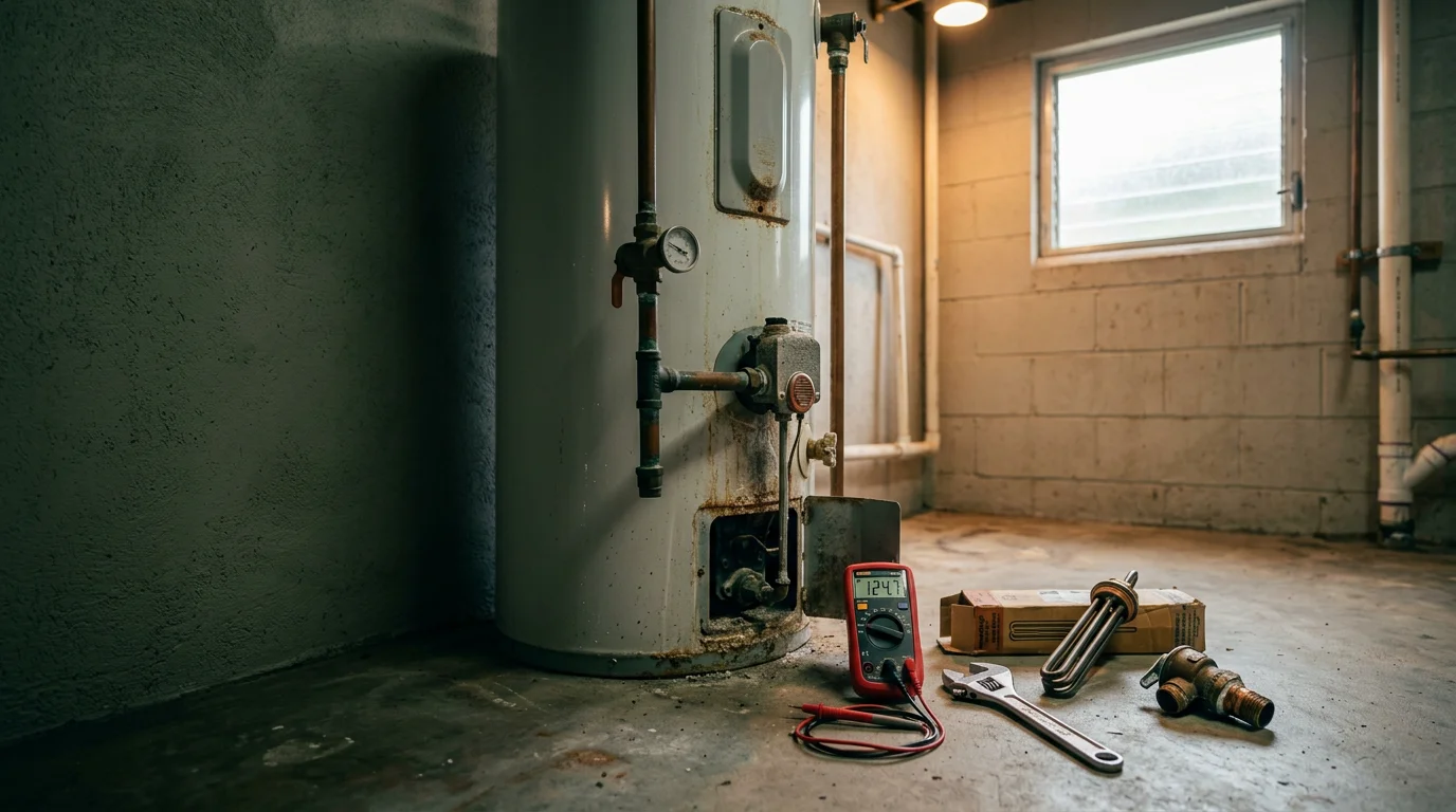 A plumber inspecting a residential tank-style water heater in a Kapolei home utility closet, checking connections and components for signs of corrosion or sediment buildup.
