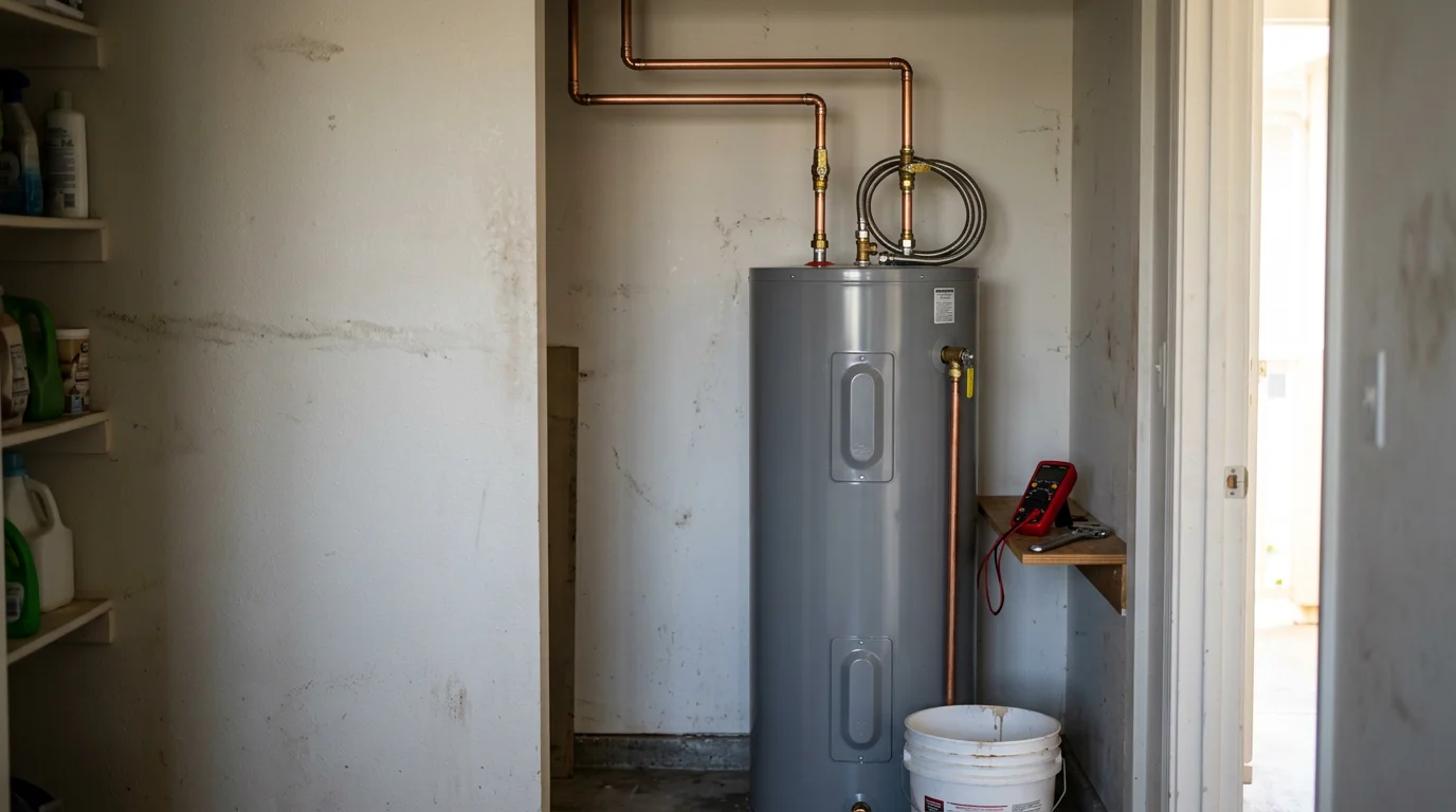 A plumber from Action Plumbing installing a new tank water heater in a Kapolei home utility closet. The old corroded unit sits beside the new replacement, ready for removal.