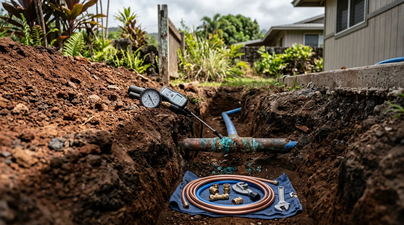 A plumber repairing an exposed residential water line at a slab-foundation home in Kapolei, Hawaii. The repair site shows the corroded pipe section being replaced in a shallow excavation alongside a concrete foundation.